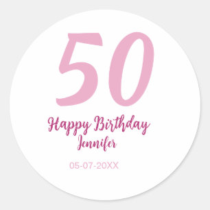 50-års födelsedag lägg till namn datum år rosa röd runt klistermärke