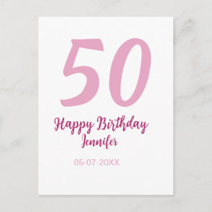 50-års födelsedag lägg till namn datum år rosa röd vykort