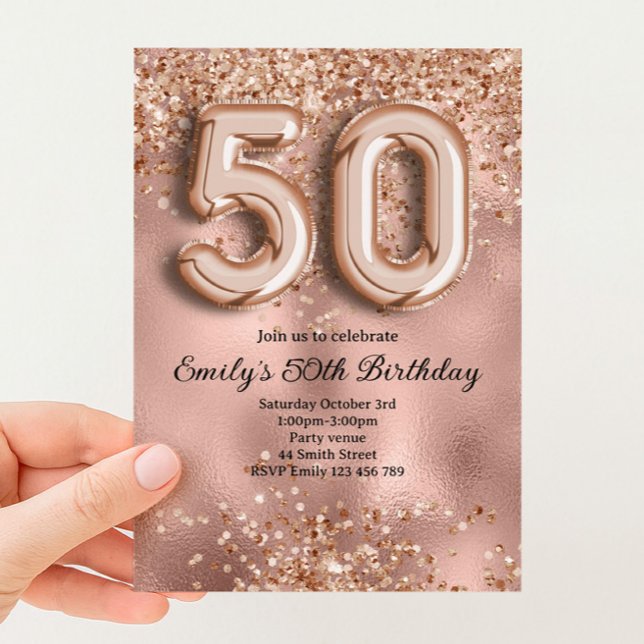 50-års Födelsedag Rosa Guld Glitter Inbjudningar (Skapare uppladdad)