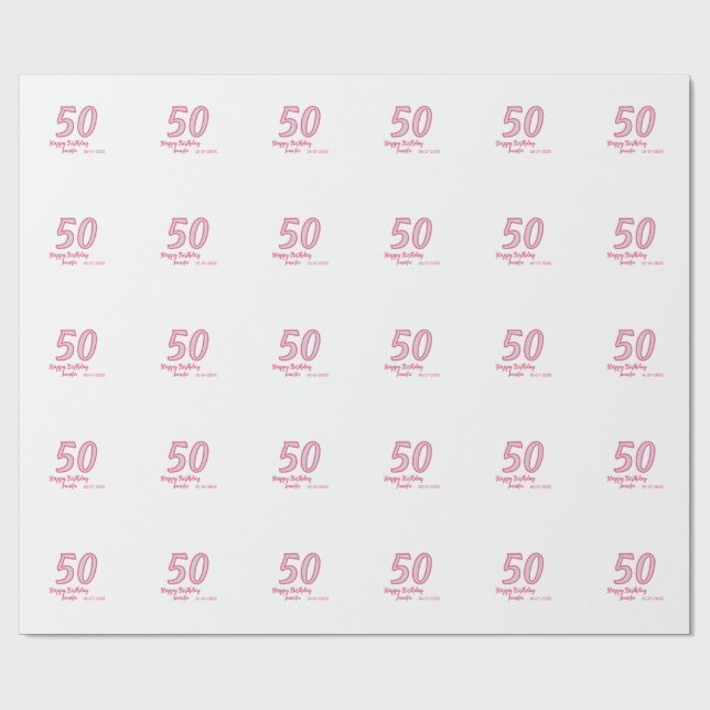 50-års födelsedag rosa lila fet namn enkel minimal presentpapper (Platt)