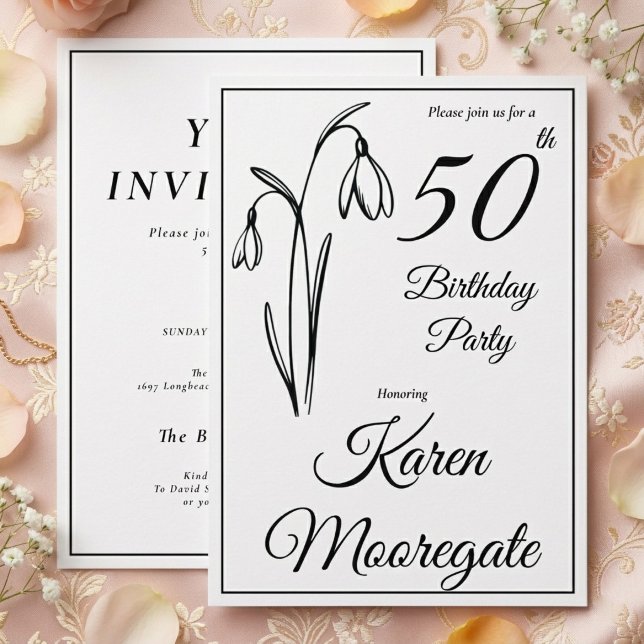 50-års födelsedag Snödroppe Blommig Svart Och Vit Inbjudningar (Snowdrop 50th birthday invitation)