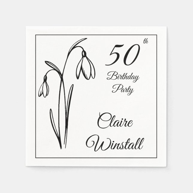 50-års födelsedag Snödroppe Blommig Svart Och Vit Pappersservett (Framsidan)