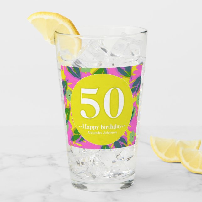 50-års födelsedag tropisk gul färgrik  glaskopp (Framsida Ice)