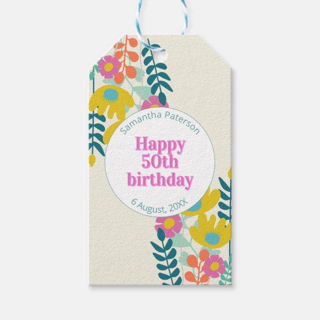 50-års födelsedag vacker färgrik blommodern presentetikett (Framsidan)