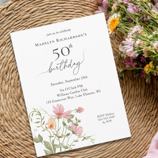 50-års födelsedags feminin akvarell vildblomma inbjudan vykort