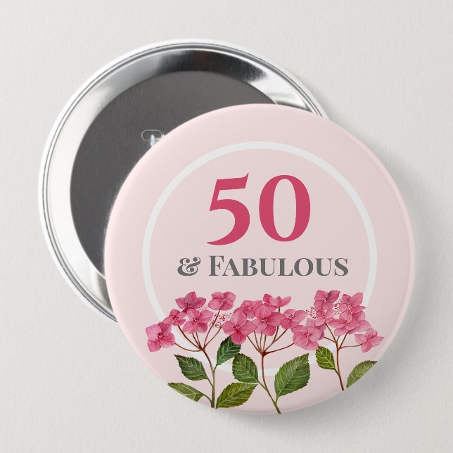 50-års födelsedags Rosa Hydrangea Lacecaps Illustr Knapp (Framsida & baksida)