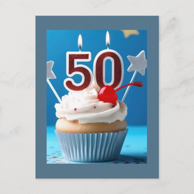 50-års födelsedags upplyst ljus Cupcake Vykort (Framsida)