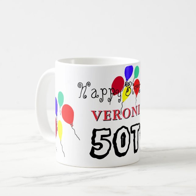 50-års födelsedagsballonger Röda Blå Alla ÅLDERAR Kaffemugg (Framsida vänster)