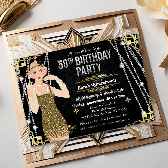 50-års födelsedagsdeko Gatsby Flapper Flickinbjuda Inbjudningar (Skapare uppladdad)