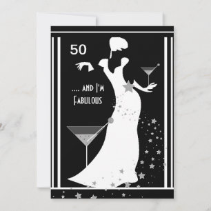 50-års födelsedagsfest Diva Art déco Svart Vitt Inbjudningar