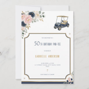 50-års Födelsedagsfest Golf Marinblå Guld Blommig Inbjudningar