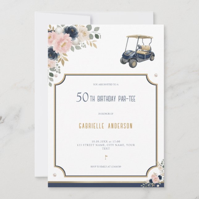 50-års Födelsedagsfest Golf Marinblå Guld Blommig Inbjudningar (Framsida)