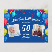 50-års födelsedagsfest inbjudan, 2 foton, ballonge