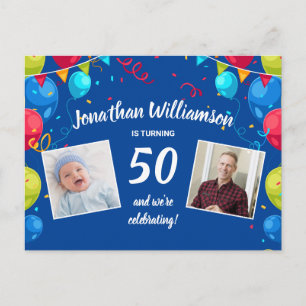 50-års födelsedagsfest inbjudan, 2 foton, ballonge vykort