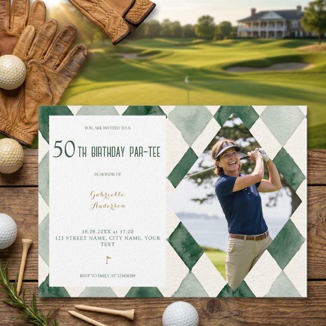50-års födelsedagsfest Vattenfärg Argyle Golfgrönt Inbjudningar (Skapare uppladdad)