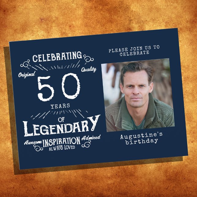 50-års födelsedagsfoto Blå vintage födelsedagsinbj Vykort (Skapare uppladdad)