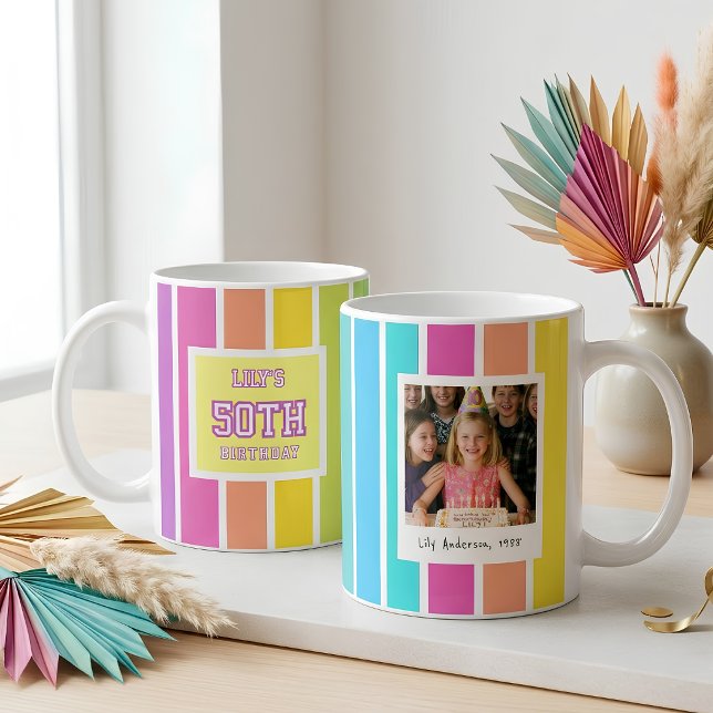 50-års födelsedagsfoto flerfärgsrand kaffemugg (Skapare uppladdad)