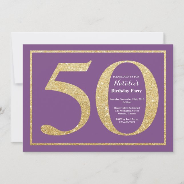 50-års födelsedagsinbjudan lila och guld glitter inbjudningar (Framsida)