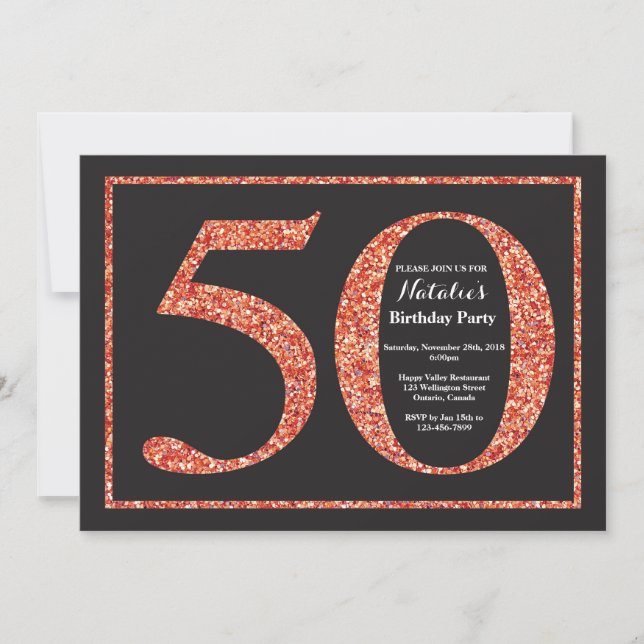 50-års födelsedagsinbjudan Orange glitter svart ta Inbjudningar (Framsida)