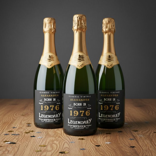 50-års födelsedagslegend - lägg till ditt namn 197 (Born 1976 legendary sparkling wine labels. Grey background.)