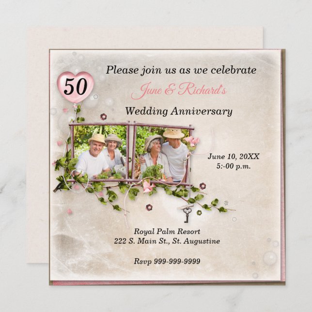 50-års fotobryllopsjubileum inbjudan (Fram/baksida)