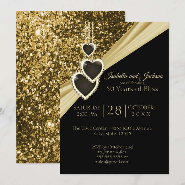 50-års Guld Glitter Jubileum Inbjudningar (Fram/baksida)