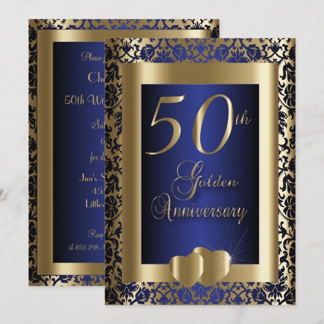 50-års Guld- och Blå Bröllopsjubileum Inbjudningar (Fram/baksida)