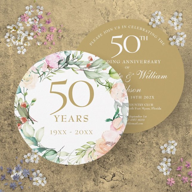 50-års guldbröllopsfirande blomstergirlang inbjudningar (50th Golden Wedding Anniversary Floral Circular Invitation)