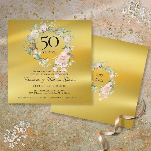 50-års guldbröllopsjubileum Blommig guldfolie Inbjudningar (50th Golden Wedding Anniversary Floral Gold Foil Invitation)