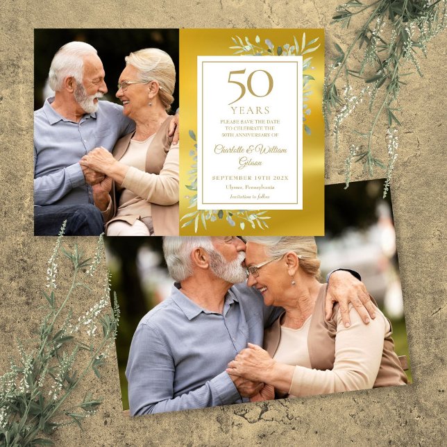 50-års guldbryllopsfirande Grönska 2 Bilder Spara Datumet (50th Golden Wedding Anniversary Greenery 2 Photos Save The Date)
