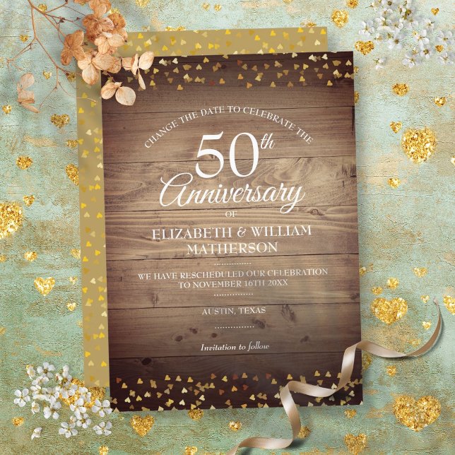 50-års guldjubileum ändra datum Rustik Inbjudningar (50th Golden Anniversary Change the Date Rustic Invitation)