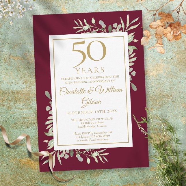 50-års guldjubileum Burgundy Grönska Blad Inbjudningar (Skapare uppladdad)