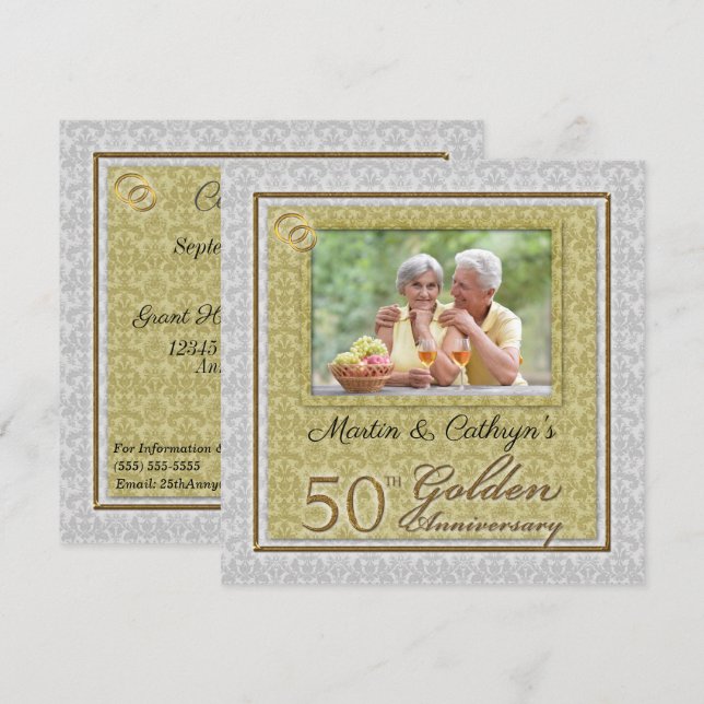 50-års guldjubileum Damask med foto Inbjudningar (Fram/baksida)