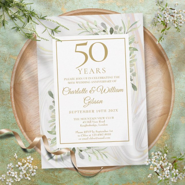 50-års guldjubileum Rosa Guld Marmor Grönska Inbjudningar (50th Gold Anniversary Rose Gold Marble Greenery Invitation)