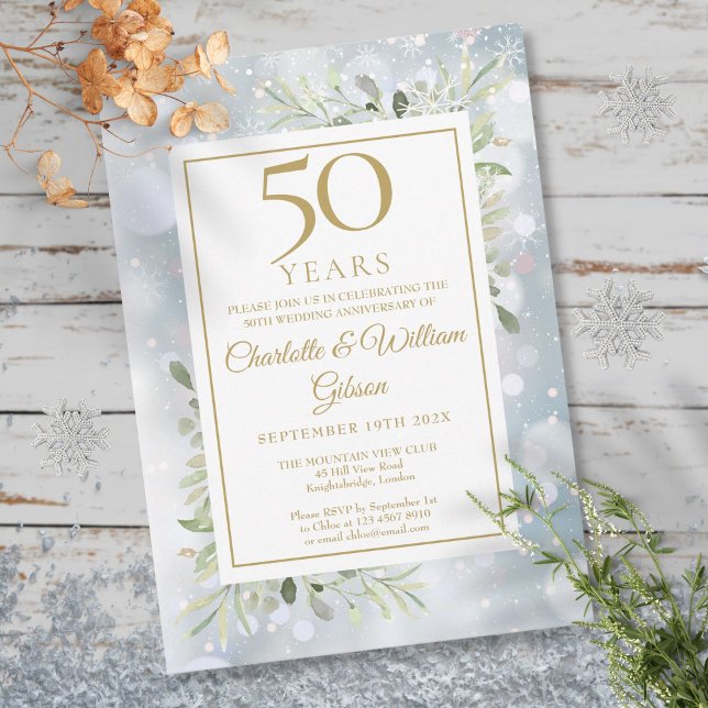 50-års guldjubileum Snöflingor Grönska blad Inbjudningar (50th Gold Anniversary Snowflakes Greenery Leaves Invitation)