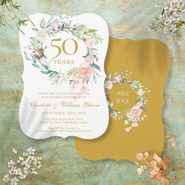 50-års gyllene bröllopsdag Akvarellblommor Inbjudningar (50th Golden Wedding Anniversary Watercolor Floral Invitation)