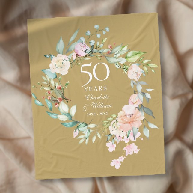 50-års gyllene bröllopsdag Blommig Guld Fleecefilt (50th Golden Wedding Anniversary Floral Gold Fleece Blanket)