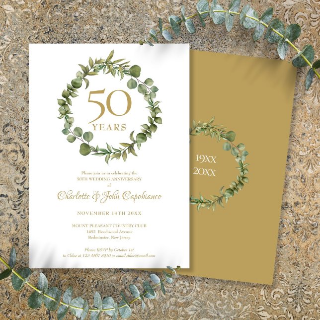 50-års gyllene bröllopsdag Grön krans  Inbjudningar (50th Golden Wedding Anniversary Greenery Garland Invitation)