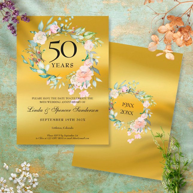 50-års gyllene bröllopsdag Guld Folie Blommig Spara Datumet (Skapare uppladdad)