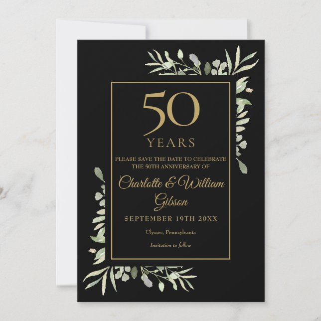 50-års gyllene bröllopsdag i guld och svart spara datumet (Framsida)