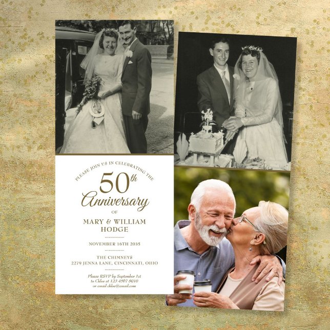 50-års gyllene bröllopsjubileum 3 bilder inbjudningar (50th Golden Wedding Anniversary 3 Photo Invitation)
