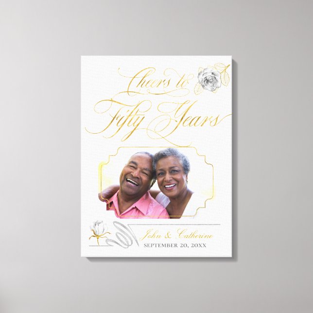 50-års gyllene bröllopsjubileum Foto Guldrosor Canvastryck (Framsida)