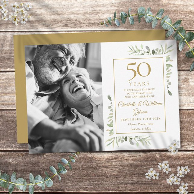 50-års gyllene bröllopsjubileum Grönska Foto Spara Datumet (50th Golden Wedding Anniversary Greenery Photo Save The Date)