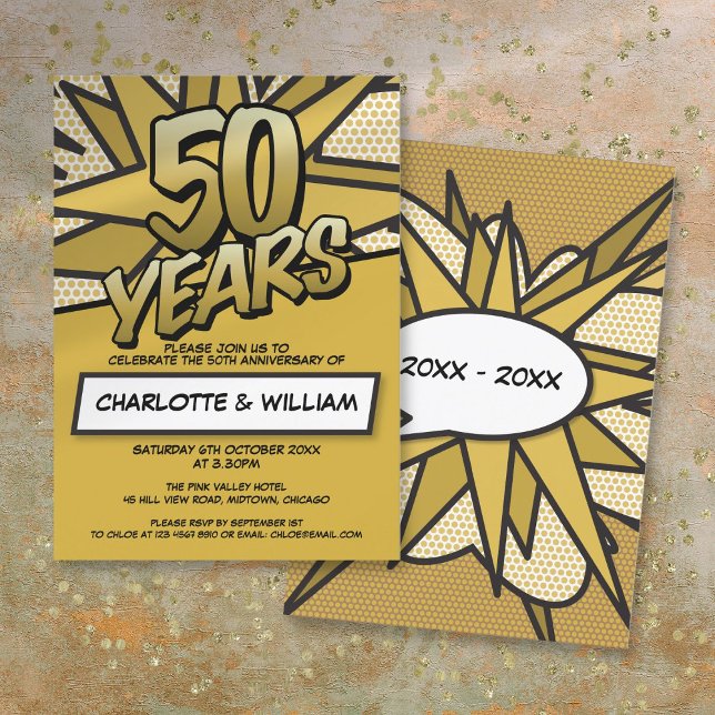 50-års gyllene bröllopsjubileum Rolig Retro Inbjudningar (50th Golden Wedding Anniversary Fun Retro Invitation)