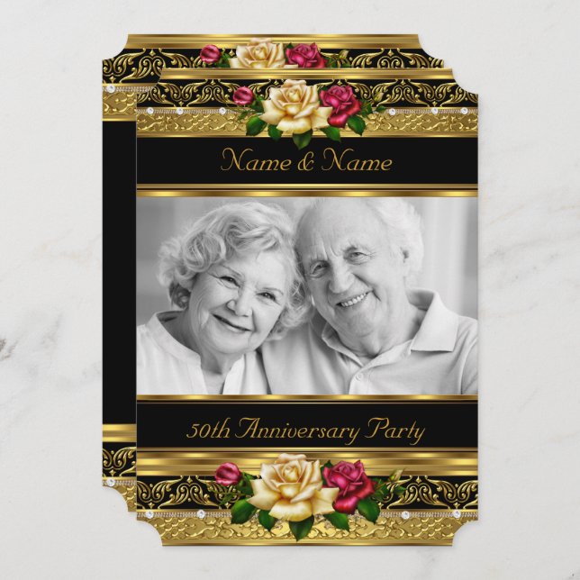 50-års gyllene foto bröllopsjubileum Party Rose Inbjudningar (Fram/baksida)