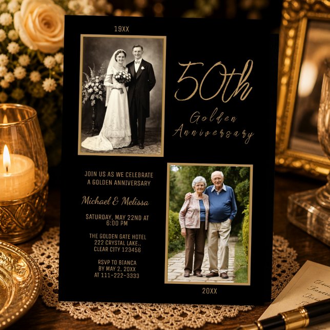 50-års gyllene jubileumsfoto guld inbjudningar (Timeless black and gold 50th golden anniversary invitation with elegant photo design.)