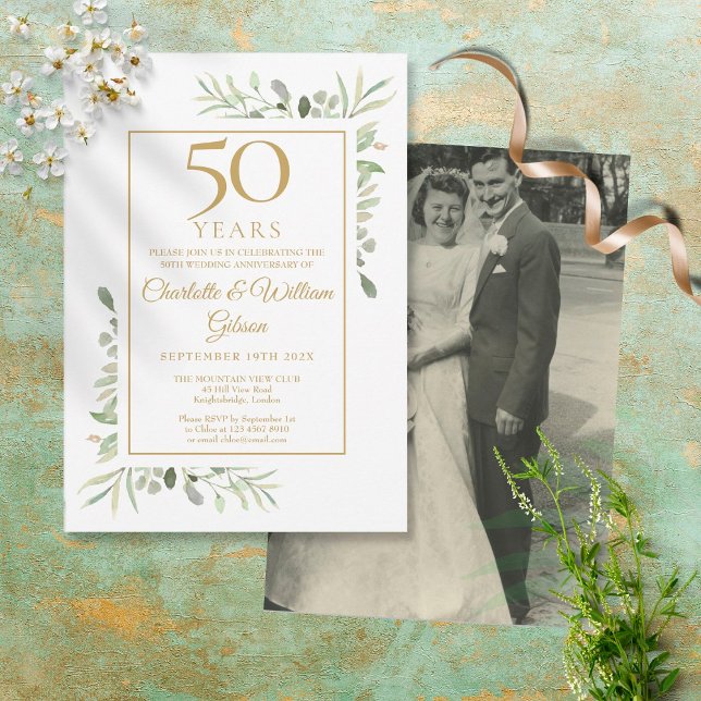 50 års Jubileum Bröllop Foto Grönska Akvarell Inbjudningar (Skapare uppladdad)