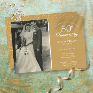 50 års Jubileum Bröllop Foto Guld Hjärta Konfetti Inbjudningar