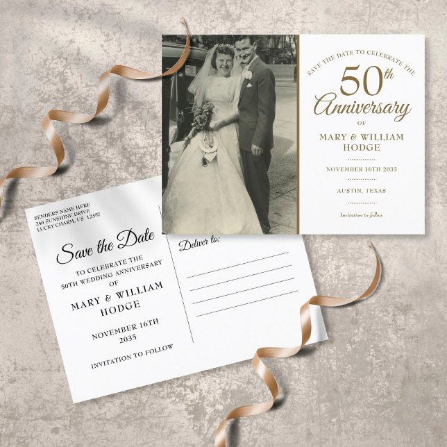 50 års Jubileum Bröllop Foto Spara Datumet Meddelande Vykort (50th Anniversary Wedding Photo Save The Date Announcement Postcard)