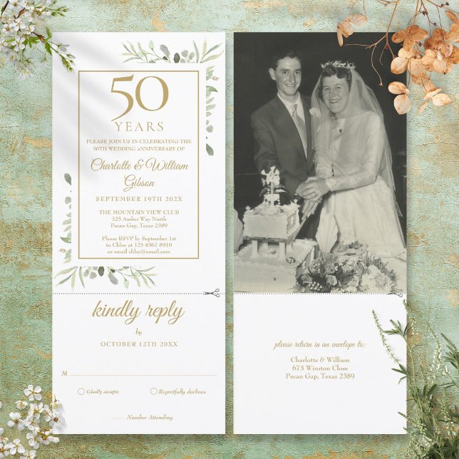 50-års jubileum Bröllopsfotografi Foliage RSVP Inbjudningar (50th Golden Anniversary Wedding Photo Foliage RSVP Invitation)